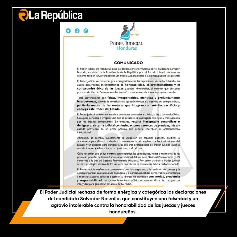 El Poder Judicial rechaza de forma enérgica y categórica las declaraciones del candidato Salvador Nasralla, que constituyen una falsedad y u - Cover Image
